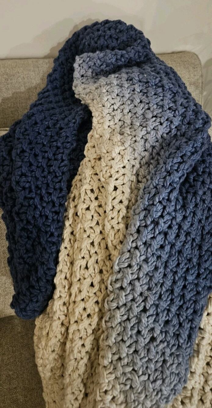 Pottery Barn Cortina Ombre Throw Blanket Blue Ivory Cotton Knit 50x60